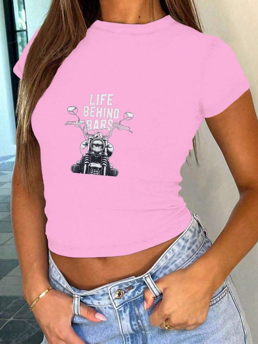 Motorcycle Handlebars Men S LIFE BEHIND BARS Women's Fashion Short T-Shirt - Pink - View 1
