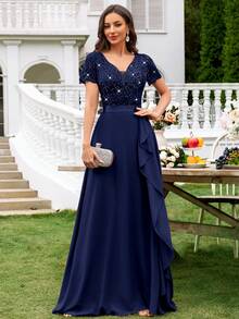 MIUSOL Deep V-Neck Contrast Sequin Lace Ruffle Trim Chiffon Formal Party Maxi Dress - Navy Blue - View 4