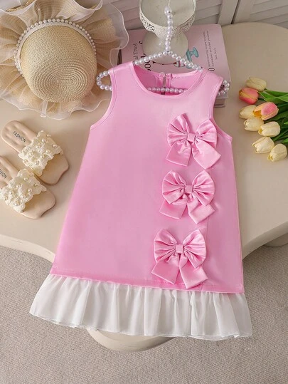 女童夏装和无袖休闲蝴蝶结连衣裙，可爱可爱的新款甜美风格荷叶边下摆女童连衣裙