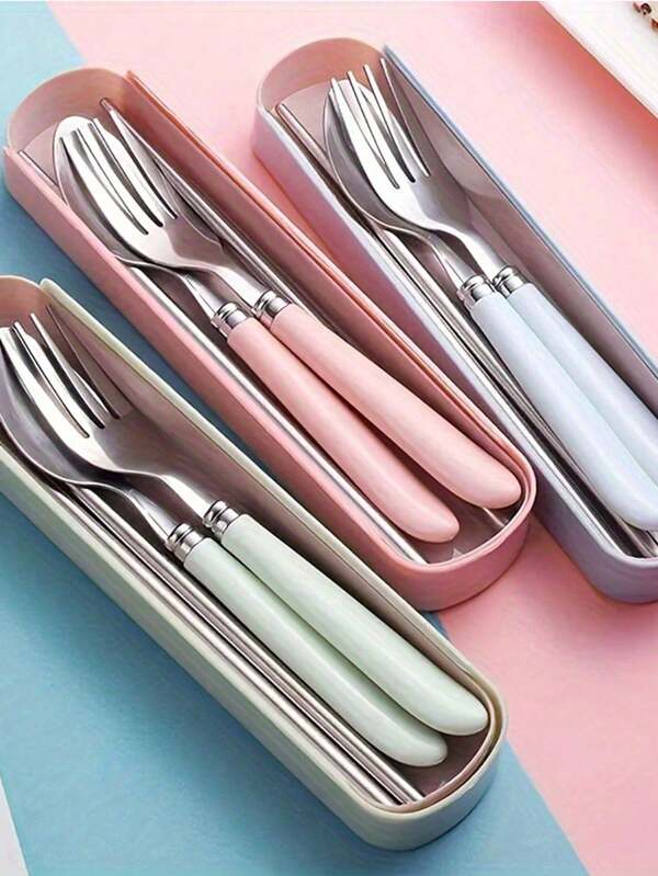 3pcs/Set Portable Cutlery Set,Stainless Steel Piece Cutlery Set, Reusable Cutlery, Suitable For Picnic Camping Family Travelling Work Outdoor, Suitable For Kitchen, Restaurant, Students, Travel, Camping, Office,Holiday Gift,School Supplies
