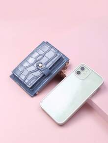 Casual Versatile Crocodile Texture Snap Button Zipper Card Holder For Women Wallet Keychain Card Wallet Mini Wallet Purse Wallet Wristlet Wallet - Blue - View 2