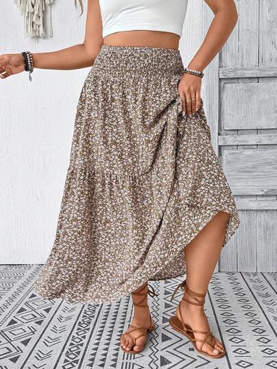 Plus Size Women Ditsy Floral Ruffle Hem Drawstring Waist Casual Midi Skirt, Suitable For Autumn Vacation Summer