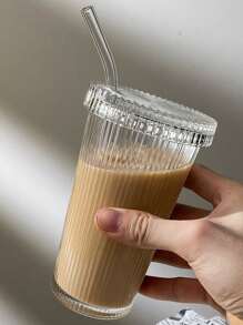 1 Stück Glas mit Strohhalm und Deckel, Fassungsvermögen 350ml, vertikale Streifen, hochästhetischer Saft/Milch/Kaffee Becher Trinkglas hitzebeständig, geeignet für Kaffee/Tee/Latte, geeignet für Zuhause, Hotel, Party, Restaurant, geeignet für den Sommer, Abschlussgeschenk, Schulanfangsgeschenk, Lehrertagsgeschenk, Muttertagsgeschenk, Valentinstagsgeschenk