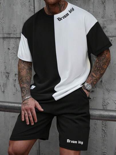 2pcs Men's Casual Letter Print Activewear Set, Crew Neck Short Sleeve Color Block Top And Shorts