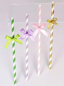 1 Set/3pcs Sparkling Bowknot Decorated Straws, Cute Cartoon Striped Paper Straws For Wedding Gender Reveal Christening Party Decorations, Birthday Party Supplies,School Supplies