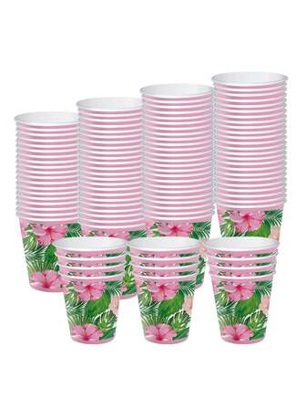 24 件夏威夷花卉主题一次性餐具派对用品纸杯套装，适用于主题生日派对、婚礼、迎婴派对、夏季热带海滩主题派对装饰，棕榈叶热带设计