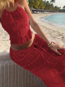 Chiffon Multi-Layer Ruffle Lace Trim Backless Camisole Maxi Dress Set, Romantic Elegant 2-Piece Outfit, Suitable For Christmas, Party, Gothic, Wedding And Other Occasions - Red - View 2