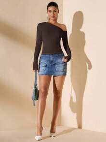 Women's Minimalist Asymmetric Shoulder Long Sleeve Fitted T-Shirt Top, Daily Use, Fall/Winter Festa Junina Festa São João - 鏽棕色 - 查看 6
