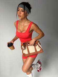 Sportliche Damen Weste und Shorts, hautfreundliches Material, figurbetonend, lässig und vielseitig, geeignet für alle Jahreszeiten, Sport und Yoga - Rotorange - Übersicht 5