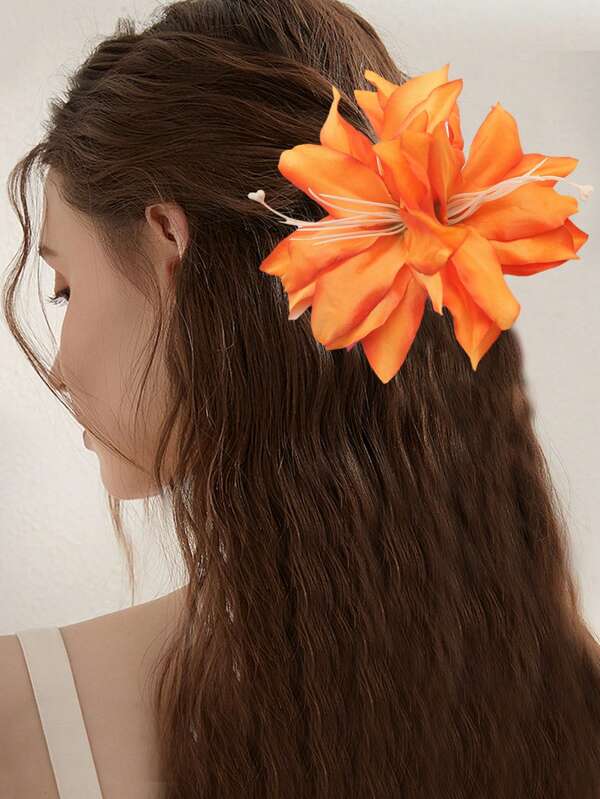 1pc Double-Headed Faux Lily Flower Oversized Side Hair Clip, Boho Style Side Bangs Clip, Suitable For Beach Vacation, Travel, Date, Daily Wear Claw Clips Hair Claws Hair Barrettes