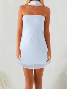 Women Mini Dress, Strapless Backless Flower/Solid Slim Fit Summer Tube Dress Clubwear With Scarf - 淺藍色 - 查看 3