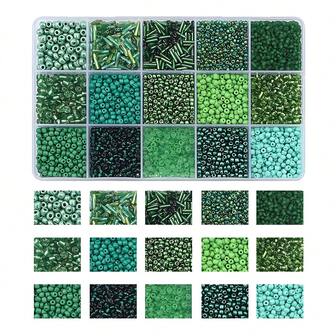15 - Kit med blandade glaspärlor i olika färger: Ross Beads, Tube Beads och Bugle Beads | Perfekt för smyckestillverkning, DIY-pyssel och pärlprojekt (Grön - Fokuserad mix)