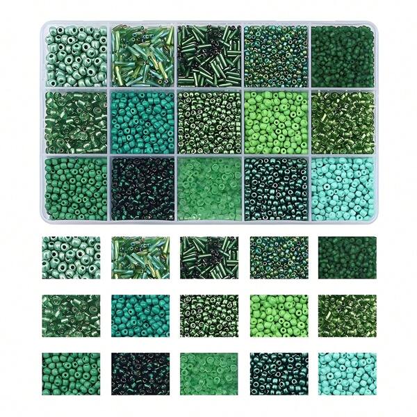 15 - Color Mixed Glass Beads Kit: Seed Beads, Tube Beads & Bugle Beads | Ideal For Jewelry Making, DIY Crafts & Beading Projects (Green - Focused Mix)