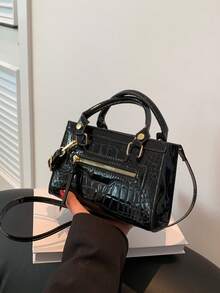 时尚百搭纯色复古手提包 - 黑色 - 查看 2