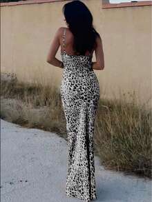 Leopard Print Hollow Lace-Up Bodycon Slip Dress - Multicolor - View 5