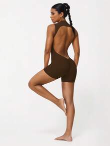 Sodalemon 女士露背加垫户外瑜伽健身房无袖弹力提臀训练休闲连体衣 - 咖啡棕 - 查看 8