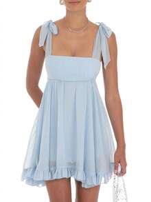Women's Babydoll Mini Dress Tie Shoulder Backless Bow Party Summer Sundress Flowy Short Graduation Dress - Màu xanh lam - Xem 1