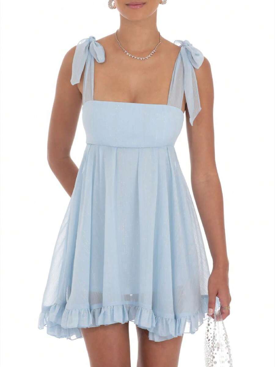 Women's Babydoll Mini Dress Tie Shoulder Backless Bow Party Summer Sundress Flowy Short Graduation Dress - Màu xanh lam - Xem 1