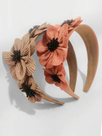 1 Pc Women's Summer Red & Coffee Retro 3D Floral Minimalist Fabric Headband, Bohemian Oversized Side Faux Pearl Big Flower Hair Hoop, Versatile Beach Holiday Accessory Headbands Hairband