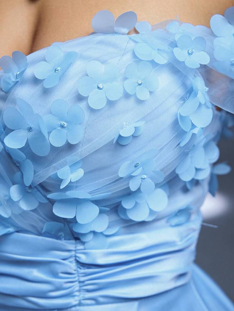 Vestido largo de dama de honor de satén, con hombros descubiertos, elegante, con flores 3D, nueva llegada de Mgiacy, para invitado de boda - Celeste - Añade 9