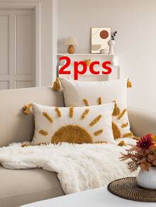 1 件/2 件黄色太阳图案靠垫套，波西米亚帆布簇绒刺绣四角流苏装饰枕套，适用于卧室、客厅沙发、汽车靠枕、床头靠垫、民宿装饰，无填充物，30*50cm，45*45cm - 棕色 - 查看 10