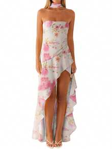 Women Casual Tube Dress Summer Solid Color/Floral Print High Low Ruffles Dress With Scarf For Cocktail Streetwear - 白色 - 查看 8