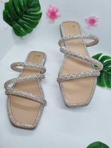 Sandalia plana de mujer para fiestas o casuales con diamante de imitación, combina un outfit perfecto para los eventos ,mas importantes bodas , Xv y mas, úsalos hasta en la oficina, no dejes pasar esta oportunidad - Maquillaje - Ver 3