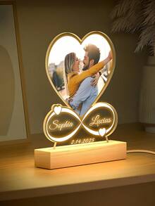 Personalized Custom Picture Frames With LED Night Light Christmas Gifts New Year Acrylic Heart Plaque Wooden Stand Table Lamp Customized Photo, Mother's Day Anniversary Birthday, Unique Gift For Couples, Girlfriend, Boyfriend, Family, And Friends - Perfect For Christmas, Birthday, Anniversary, And Romantic Occasions, Personalized Gifts ,Urban Gala ,Fashion Decor - Multicolor - View 3