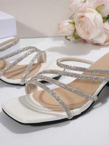 New Women Rhinestone Embellished Thick Heel White Open Toe Sandals, Wide Width & Plus Size - White - View 7