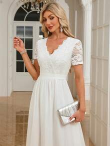 Solid Color Chiffon And Lace Patchwork Zip Up Wedding Party Dress, Valentine's Day - White - View 7