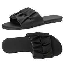 Women Sandals Square Toe Pleated Flat Summer Slippers Effortless Style - 黑色 - 查看 6
