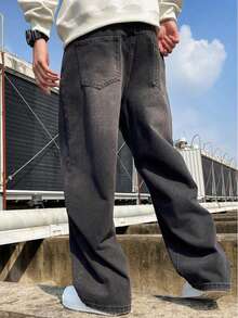 男士直筒棉质水洗牛仔裤，斜口袋设计，百搭阔腿水洗牛仔裤，情侣款直筒宽松版型，垃圾摇滚风