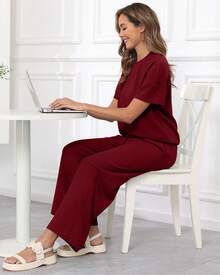 COMFY VOGUE 2pcs Women's Solid Knit Casual Vacation Drawstring Short Sleeve Top And Pants Set, Lightweight - 酒紅色 - 查看 2