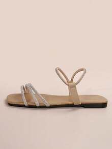 Women's Fashion Crystal Rhinestone Flat Slippers, Versatile Beach Sandals Suitable For Date, Shopping, Party, Commuting, Vacation, And Casual Home Wear, Summer - Khaki - View 5