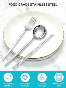 4-Piece Stainless Steel Cutlery Set (Fork, Spoon, Chopsticks, Storage Box), Student Portable Cutlery, Kitchen, Back-To-School Gift - Portuguese Silver Cutlery + Plain Chopsticks - View 2