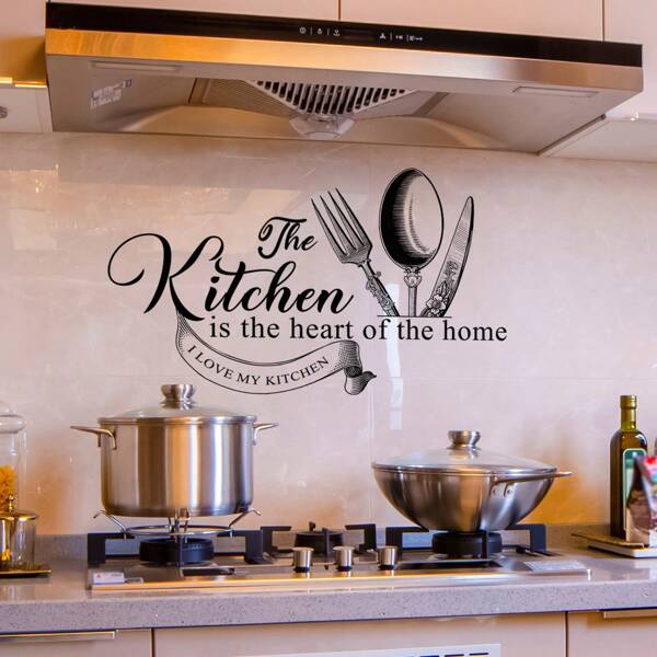 1 Set/1 Piece Simple Creative English "Kitchen" Knife And Fork Wall Sticker, Home Decor Wall Decal, Self-Adhesive Wall Sticker, Preventing Kitchen Wall From Being Monotonous Wall Decor Room Decor Wall Stickers Stickers