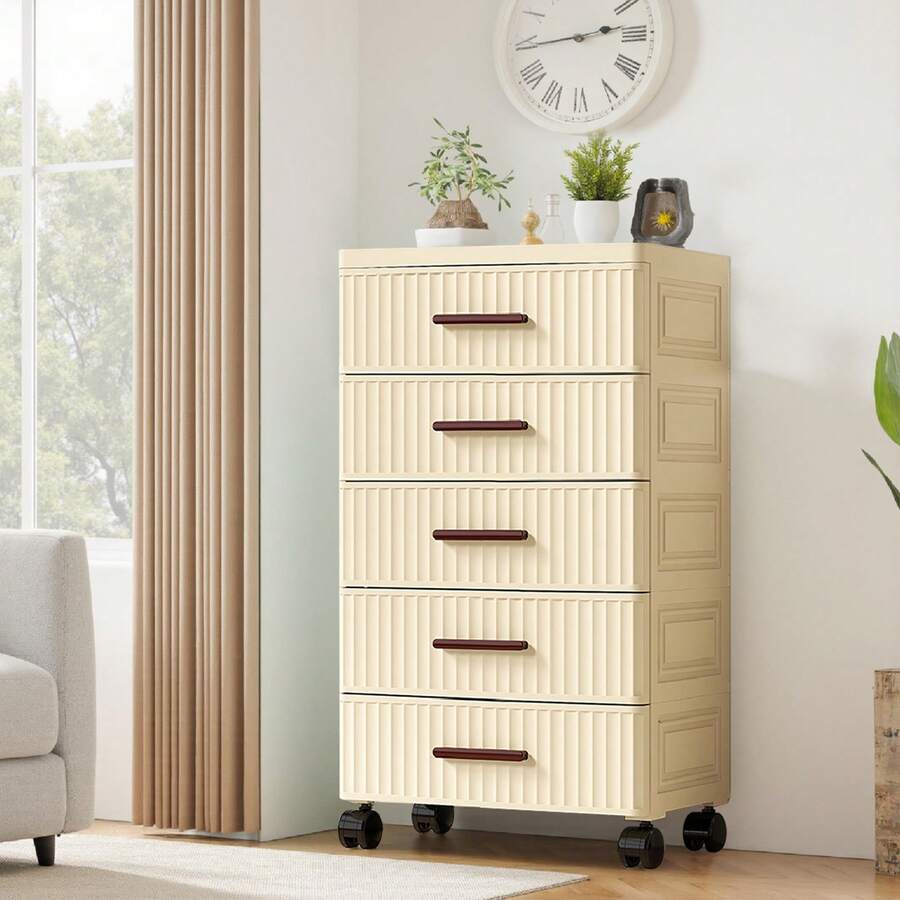 Plastic Drawer Storage, 48 Cm Wide Plastic Chest Of Drawers For The Bedroom, Plastic Storage Trolley With Ribbed Design And Wheels, Drawer Tower For The Living Room In The Bedroom - Apricot 5 Layers - View 1