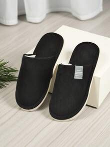 Men'S Indoor Slippers, Men'S Plain Black House Slippers, Striped Plush Flat Slippers, Autumn/Winter Warm Plush Slippers,Furry Shoes - Black - View 1