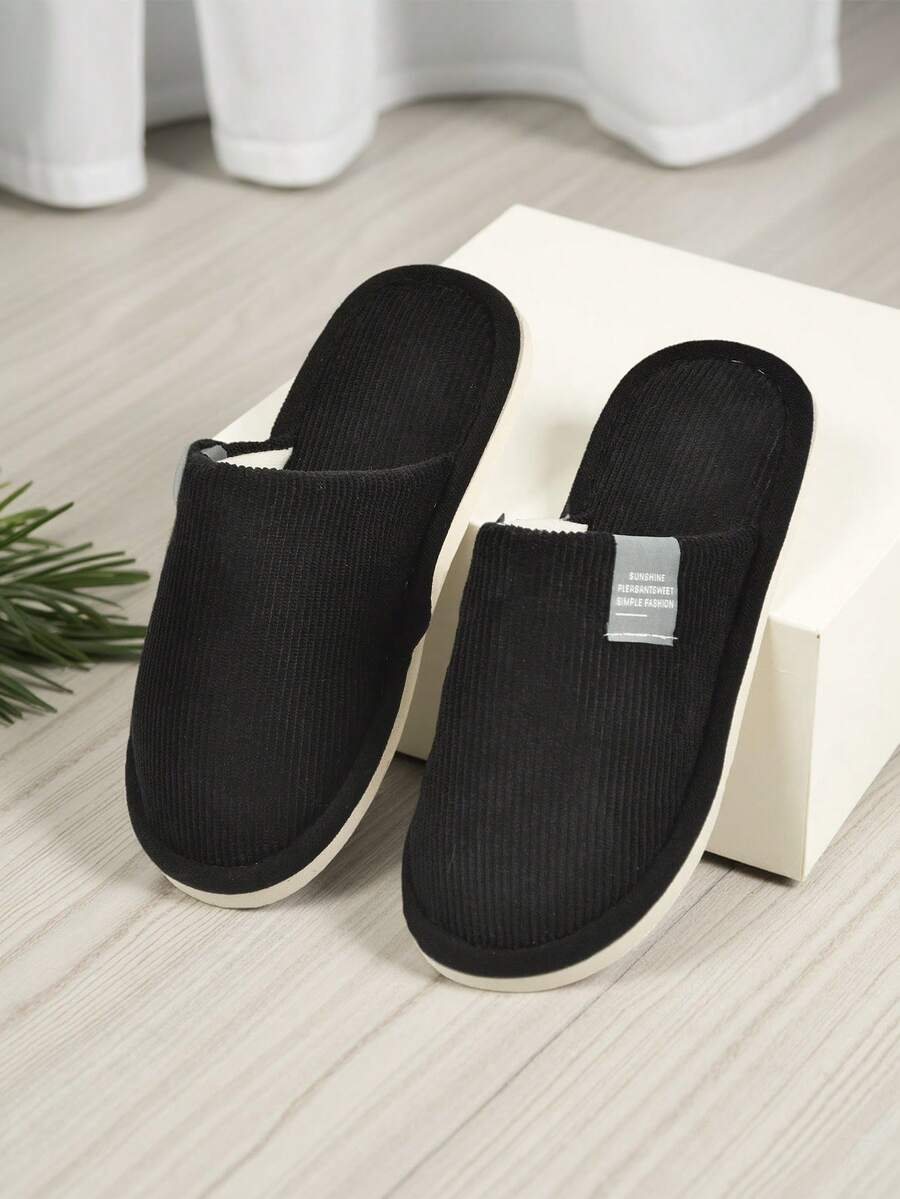Men'S Indoor Slippers, Men'S Plain Black House Slippers, Striped Plush Flat Slippers, Autumn/Winter Warm Plush Slippers,Furry Shoes - Black - View 1