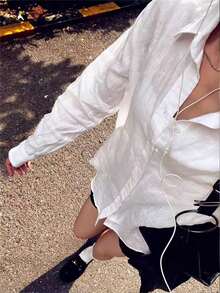 女士亚麻衬衫，长袖纽扣休闲衬衫，纯色柔软棉质面料，夏秋季服装，工作服 白色春季 - 白色 - 查看 9