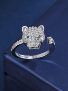 1 件欧美凶猛豹头开口戒指，18K 镀金铜镶嵌锆石首饰 - 金色 - 查看 12