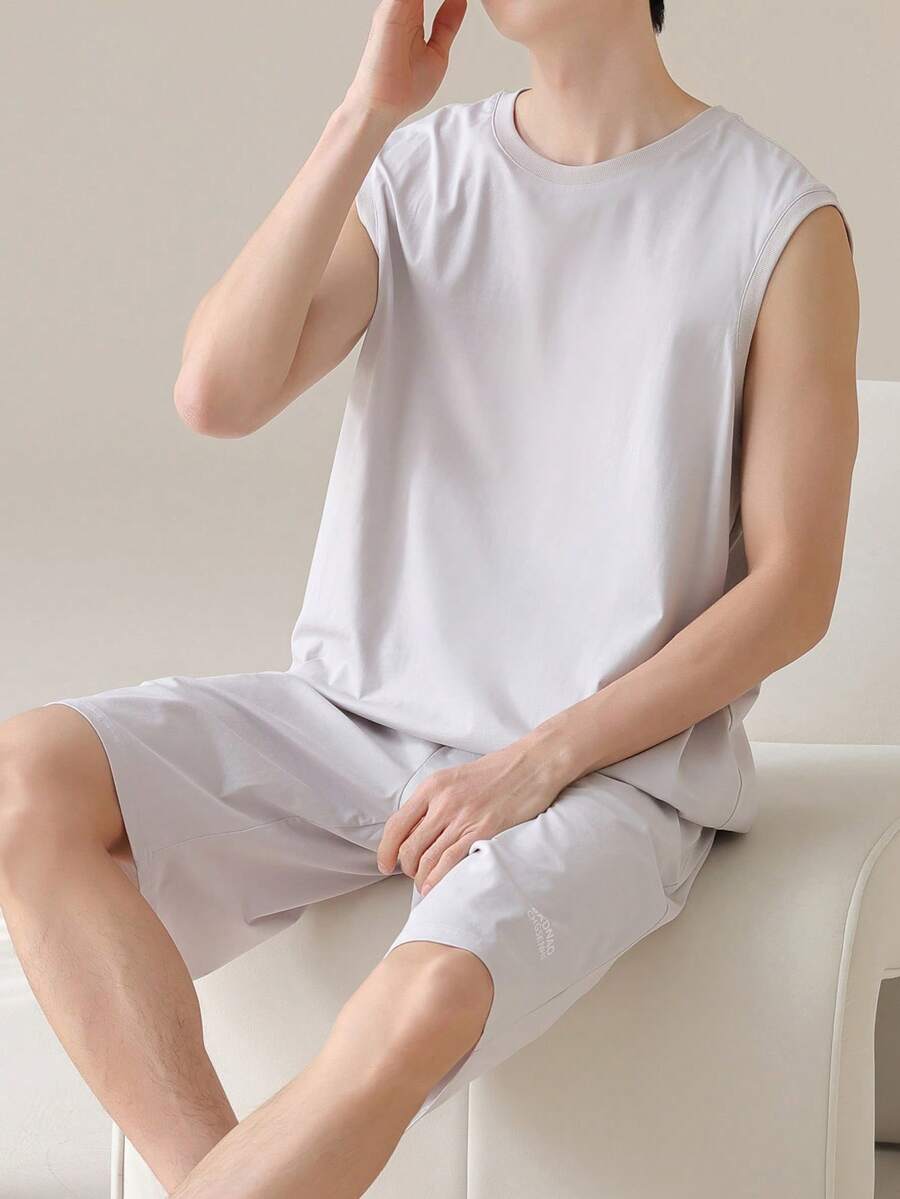AICJ 2 件男士纯色休闲宽松简约背心上衣和短裤睡衣套装，适合春夏季家居服 - 淺灰色 - 查看 1