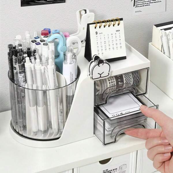 Organizador de Mesa Porta Caneta Com 2 Gaveta e Giratorio
