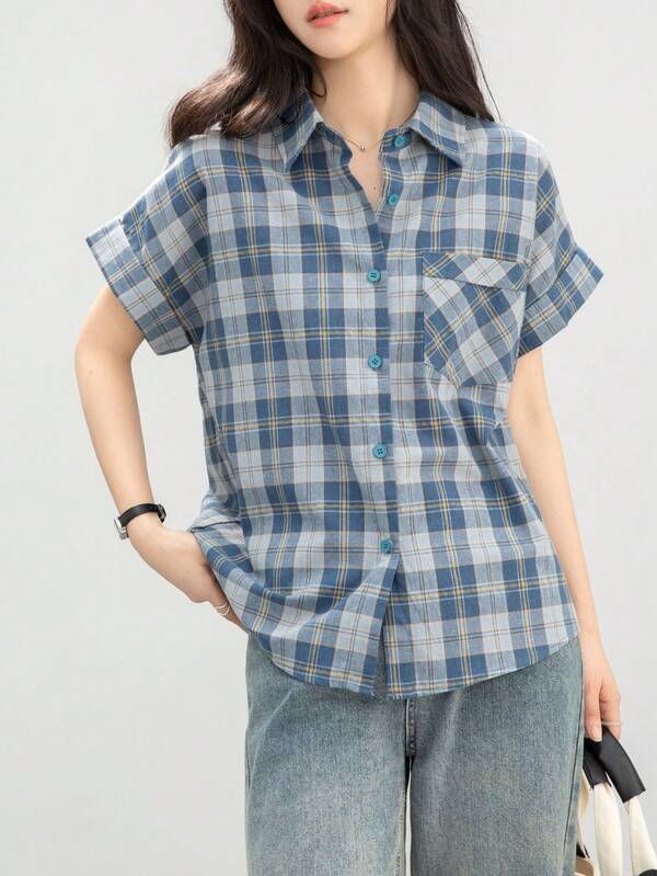 YUXIN Stylish & Youthful Plaid Lapel Casual Loose Blouse, Versatile & Commuter-Friendly Short Sleeve Top For Summer