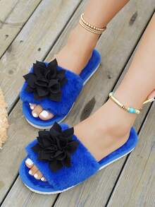 四季毛绒拖鞋，室内家居保暖蓬松拖鞋，带蝴蝶结装饰，适合春、夏、秋、冬的保暖拖鞋 - 黑色 - 查看 2