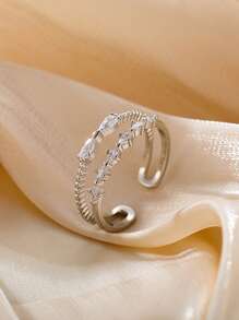 1pc Women's Geometric Open Ring With Bow, Silver Color Copper Cubic Zirconia, Minimalist Fashion Party