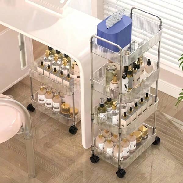 1pc 2/3/4-Tier Rolling Cart, Clear Multifunction Storage Trolley With Handle & Wheels, Mobile Organizer Shelf For Office, Bathroom, Kitchen, & Living Room, Transparent Utility Cart For Home Organization