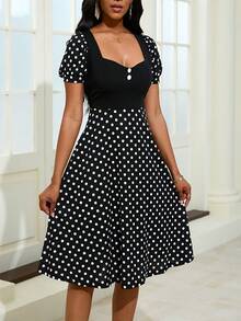 夏季优雅波点印花花瓣袖拼接连衣裙 - 黑色 - 查看 4