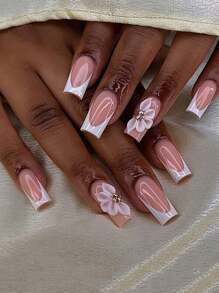 10Pcs/Set Hand Crafted Nail Stickers For Women, Premium Minimalist Daily Full Coverage Nail Wraps, Reusable French 3D Carved Manicure, Gentle Nude Base With Sparkling Diamonds, Cute Carved Floral Decor, French Square Medium Length, High Gloss Elegant Holiday Vibe Press On Nails Nail Supplies Nails