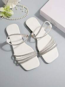 Summer New Fashion Versatile Rhinestone Flat Slide Sandals Fairy Style Beach Slippers Suitable For Dating Shopping Gathering Party Commuting Vacation Leisure - White - View 7